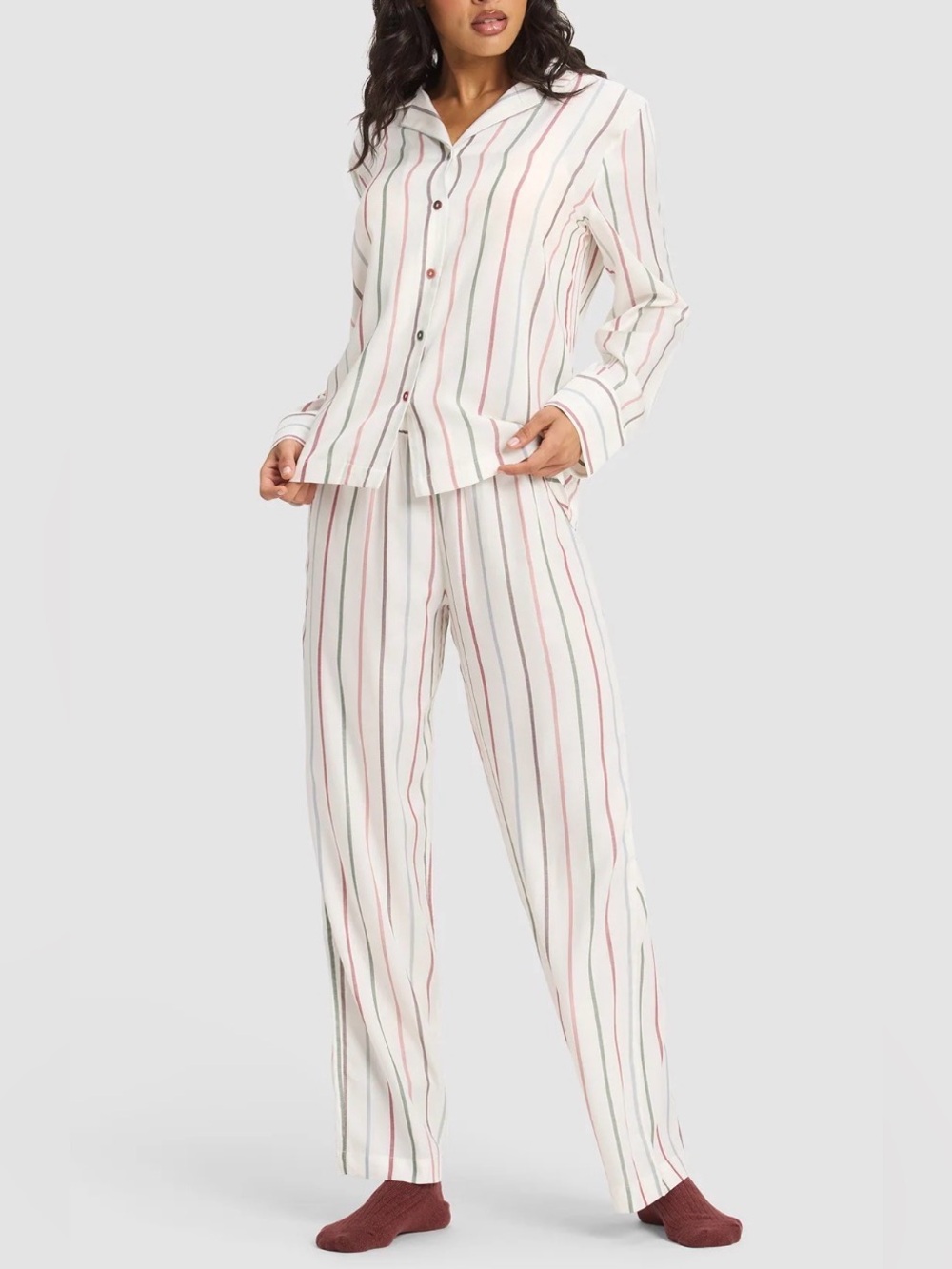 Cozy Earth Women's Soft Woven Long Sleeve Pajama Set Cottage Stripe - M